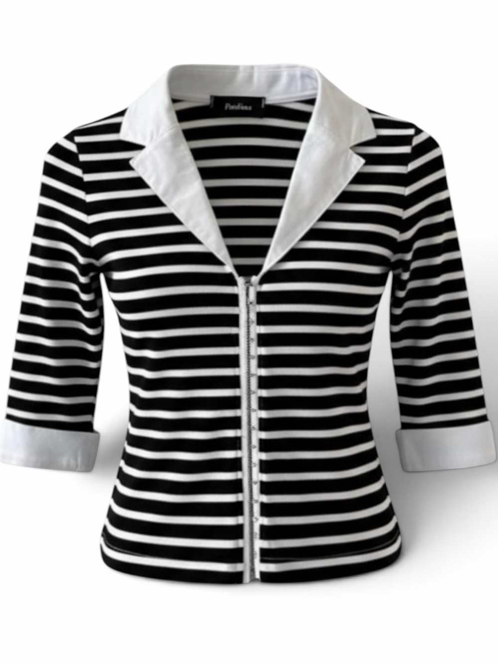 Paolina Black and White Strip Collared 3/4 Sleeve French Cuff Top Size 2